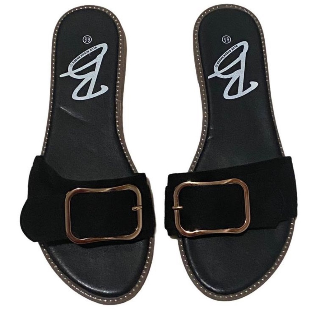 Black Casual Gold Buckle Slide Sandals Size 6.5